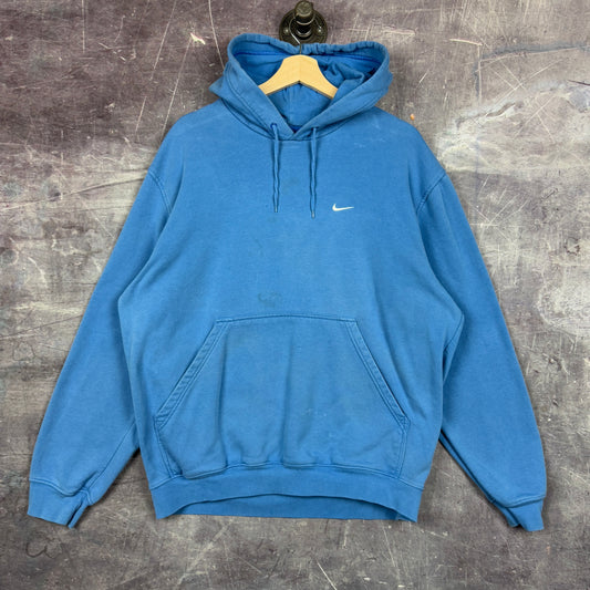 Early 00s Sky Blue Nike Essential Mini Swoosh Logo Hoodie L 1213