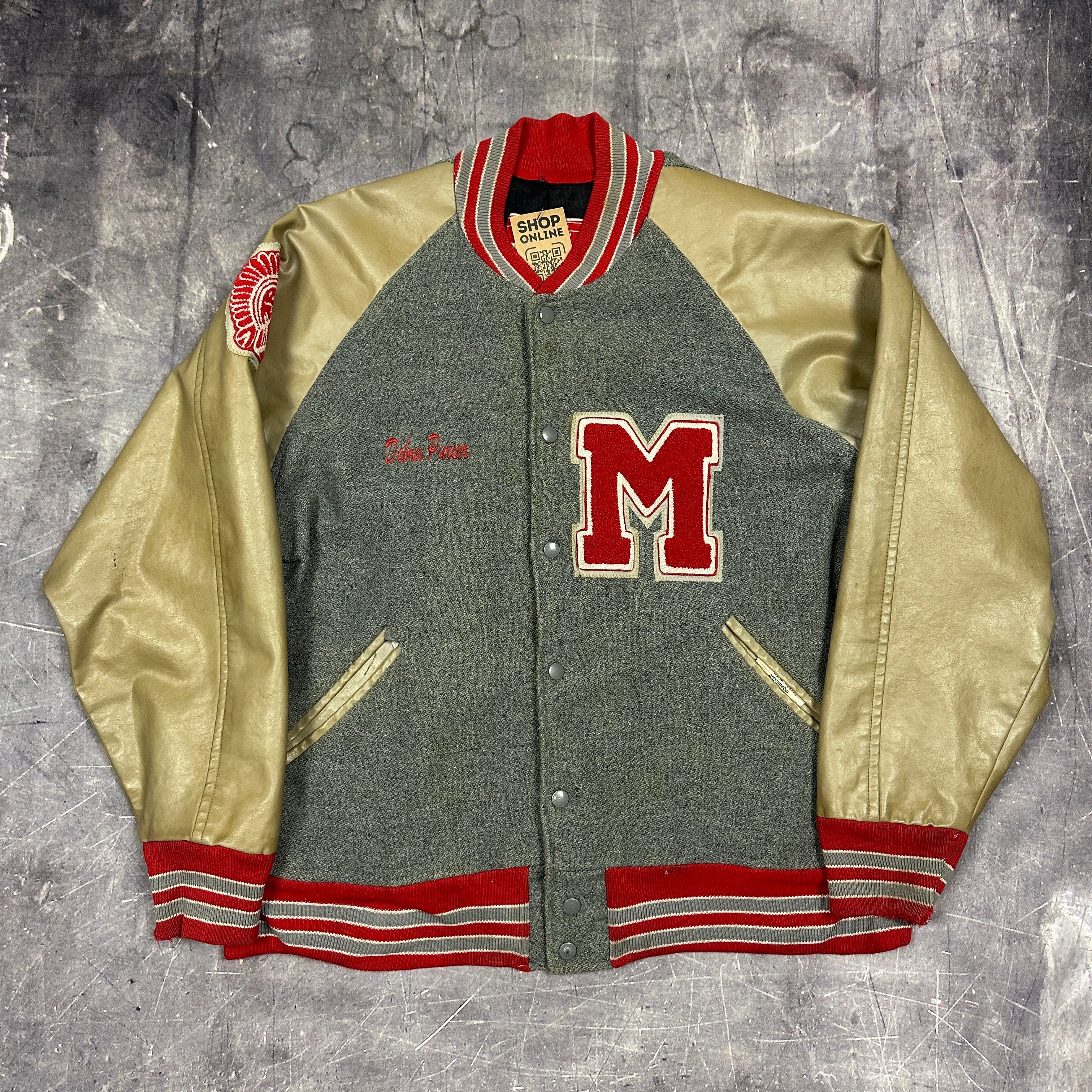 80s Gray Red Tan M Indian Head Letterman Varsity Jacket XL X35