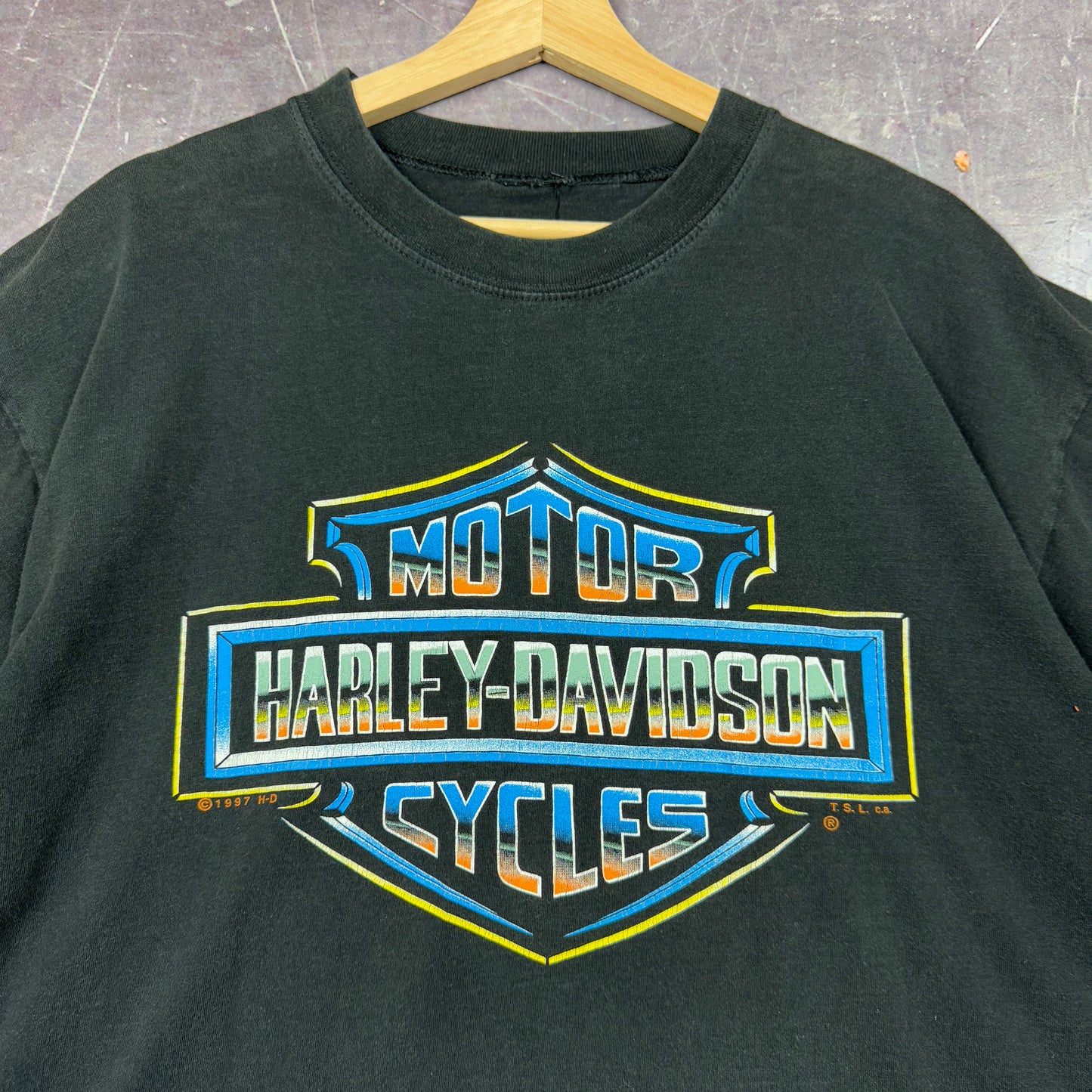 1997 Faded Black Harley Davidson Shield Logo Aruba Graphic Shirt L 0918