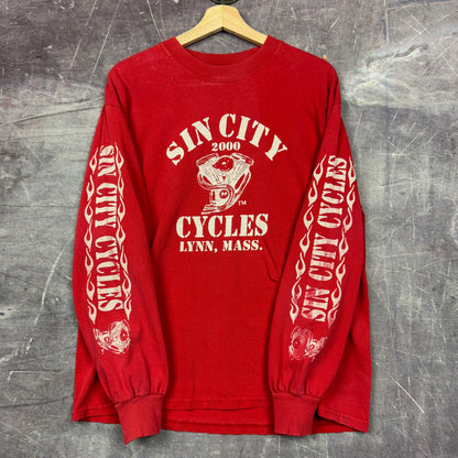 2000 Red Sin City Cycles Flame Sleeve Graphic Long Sleeve Shirt L 0966