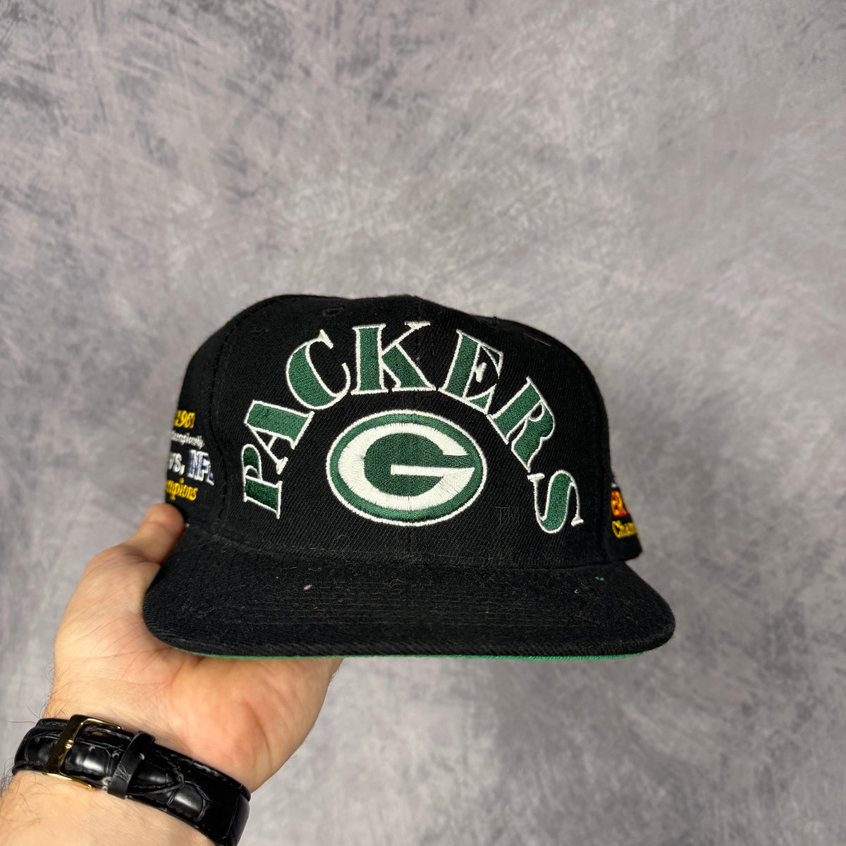 90s Black Green Bay Packers Champions Snapback Hat 6803