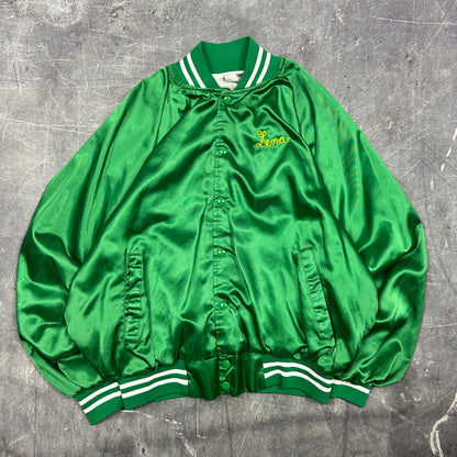 70s Green Lena Chain Stitched Satin Bomber Jacket XL AB59