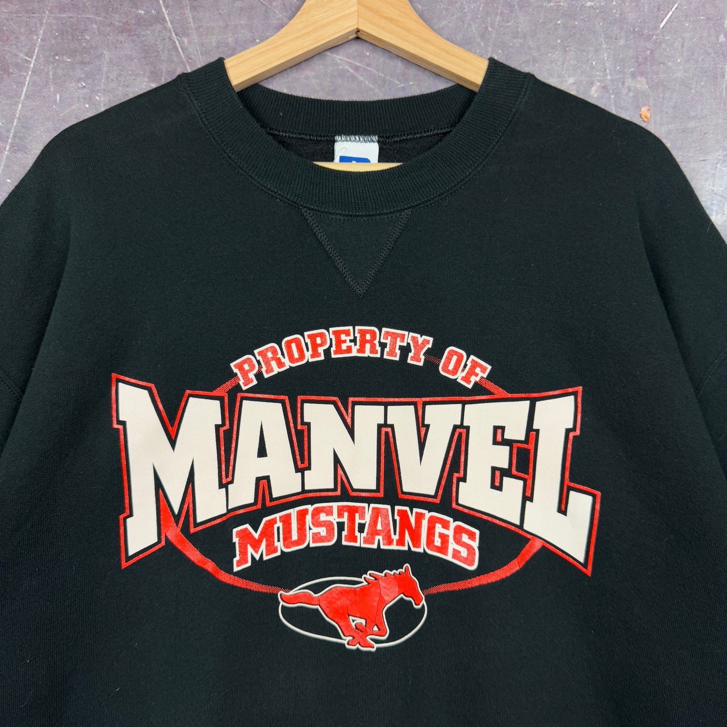 90s Black Russell Manvel Mustangs Graphic Crewneck Sweatshirt L 1268