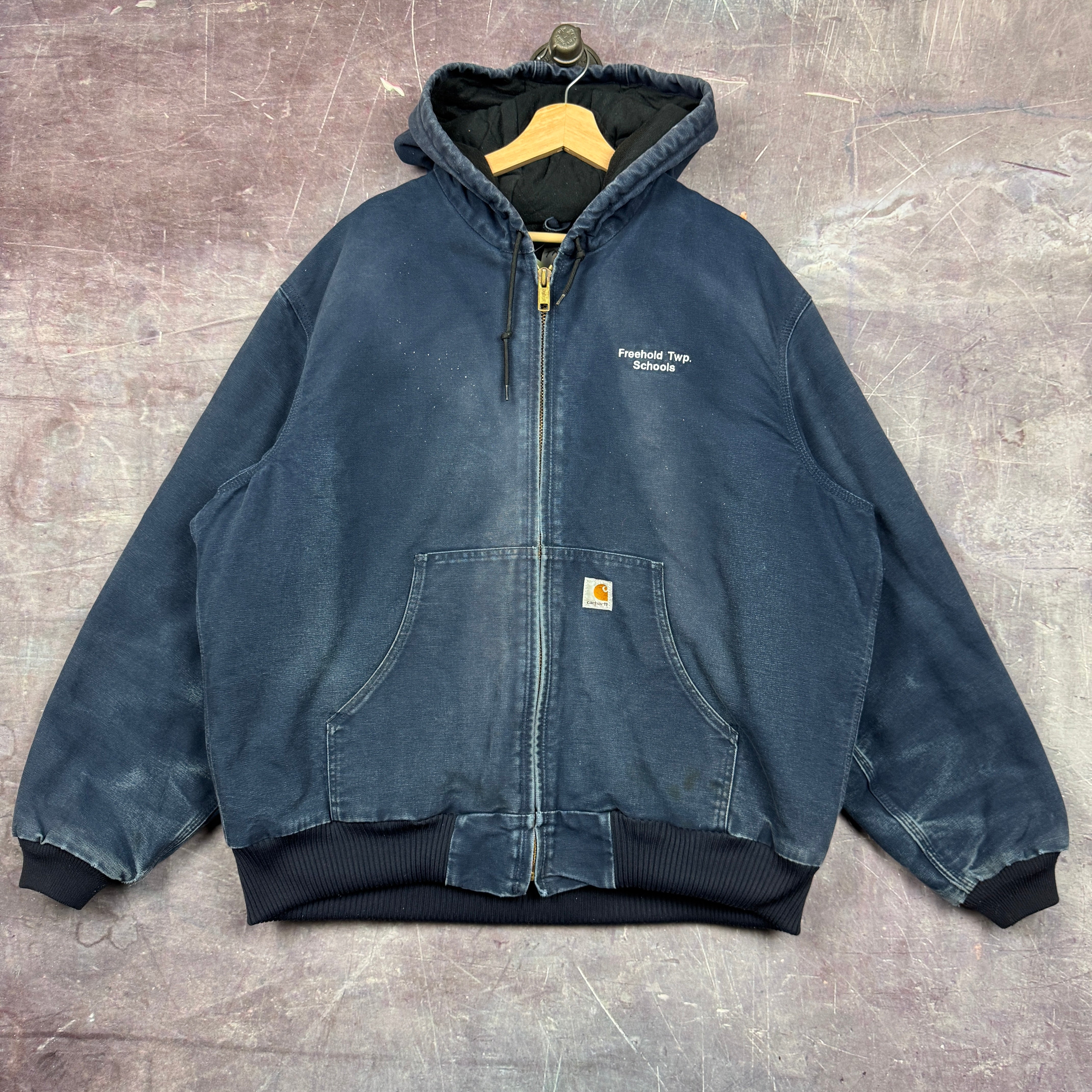 90s Navy Blue Carhartt Embroidered Hooded Active Work Jacket XL