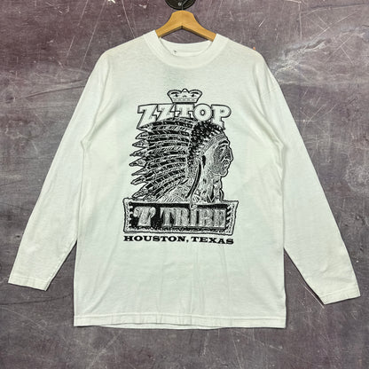 Early 00s White ZZ Top Z Tribe Houston Texas Indian Head Graphic Long Sleeve Shirt M 2874