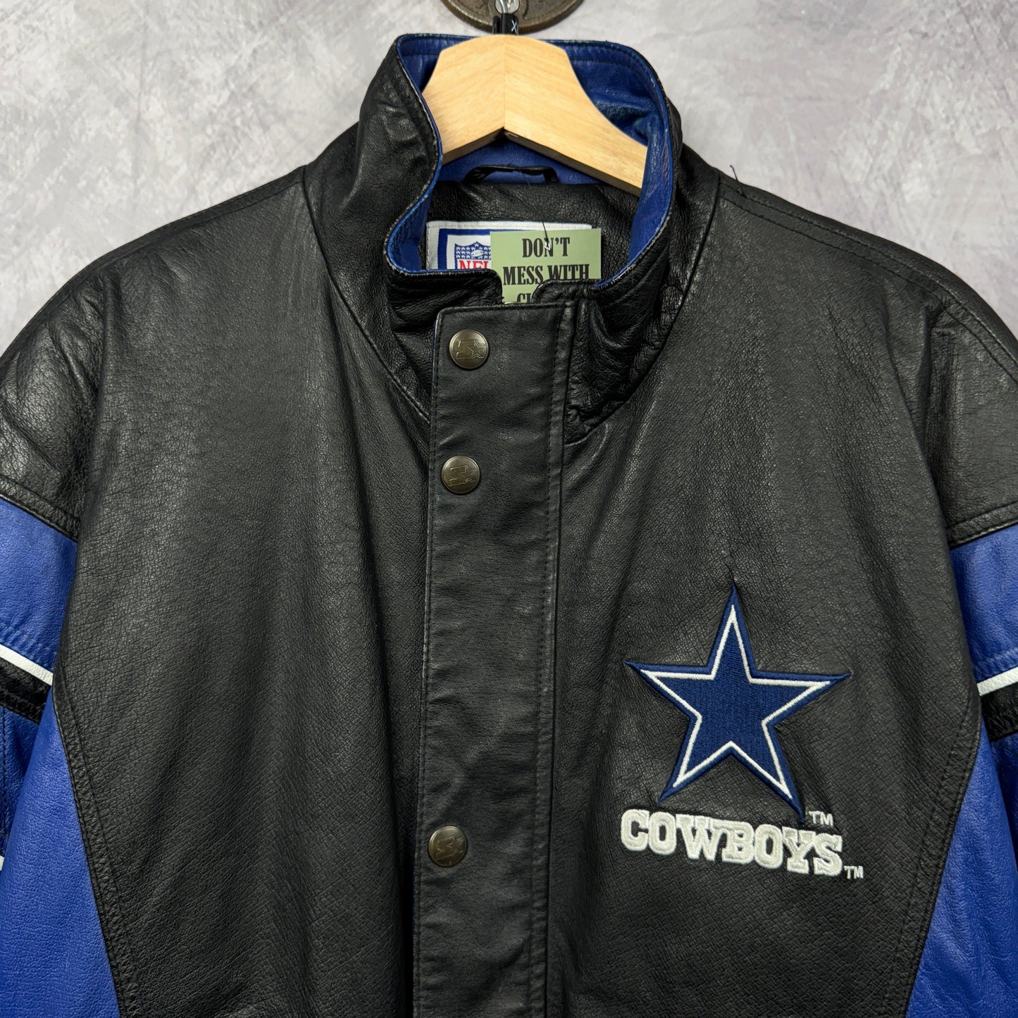 90s Black Dallas Cowboys Starter Leather Jacket 4089