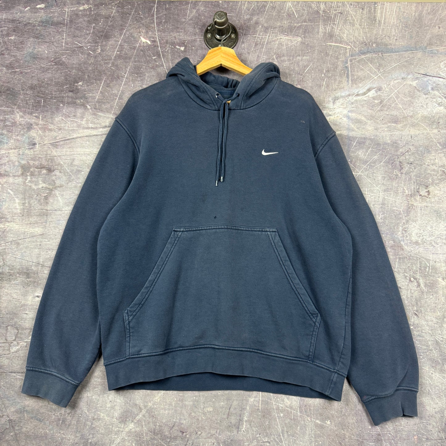 Early 00s Navy Blue Nike Mini Swoosh  Essential Logo Hoodie L 0010