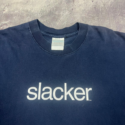 90s Navy Blue "Slacker" Text Graphic Shirt L AV22