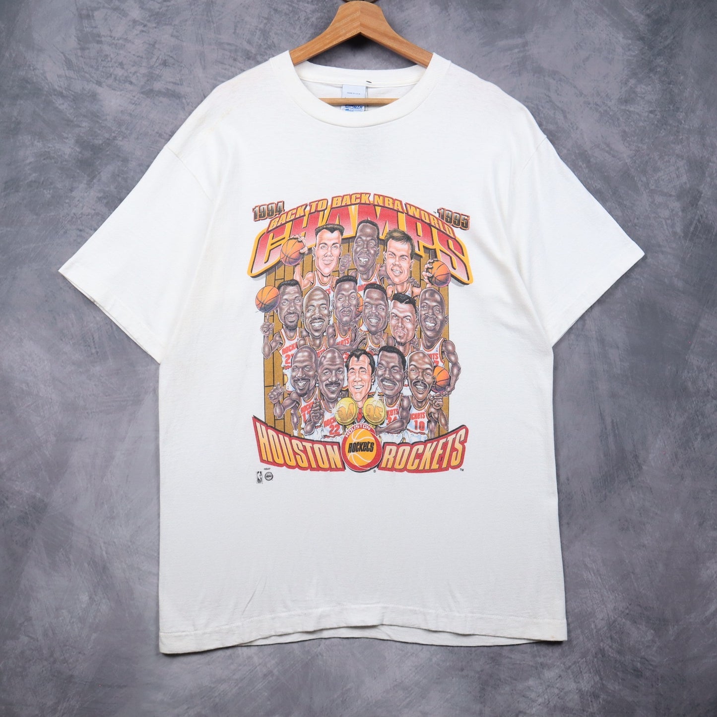 1995 White Houston Rockets Back To Back Champs Caricature Shirt 4921