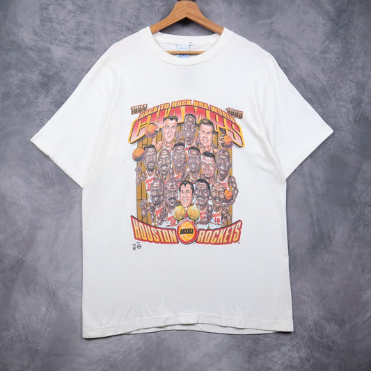 1995 White Houston Rockets Back To Back Champs Caricature Shirt 4921