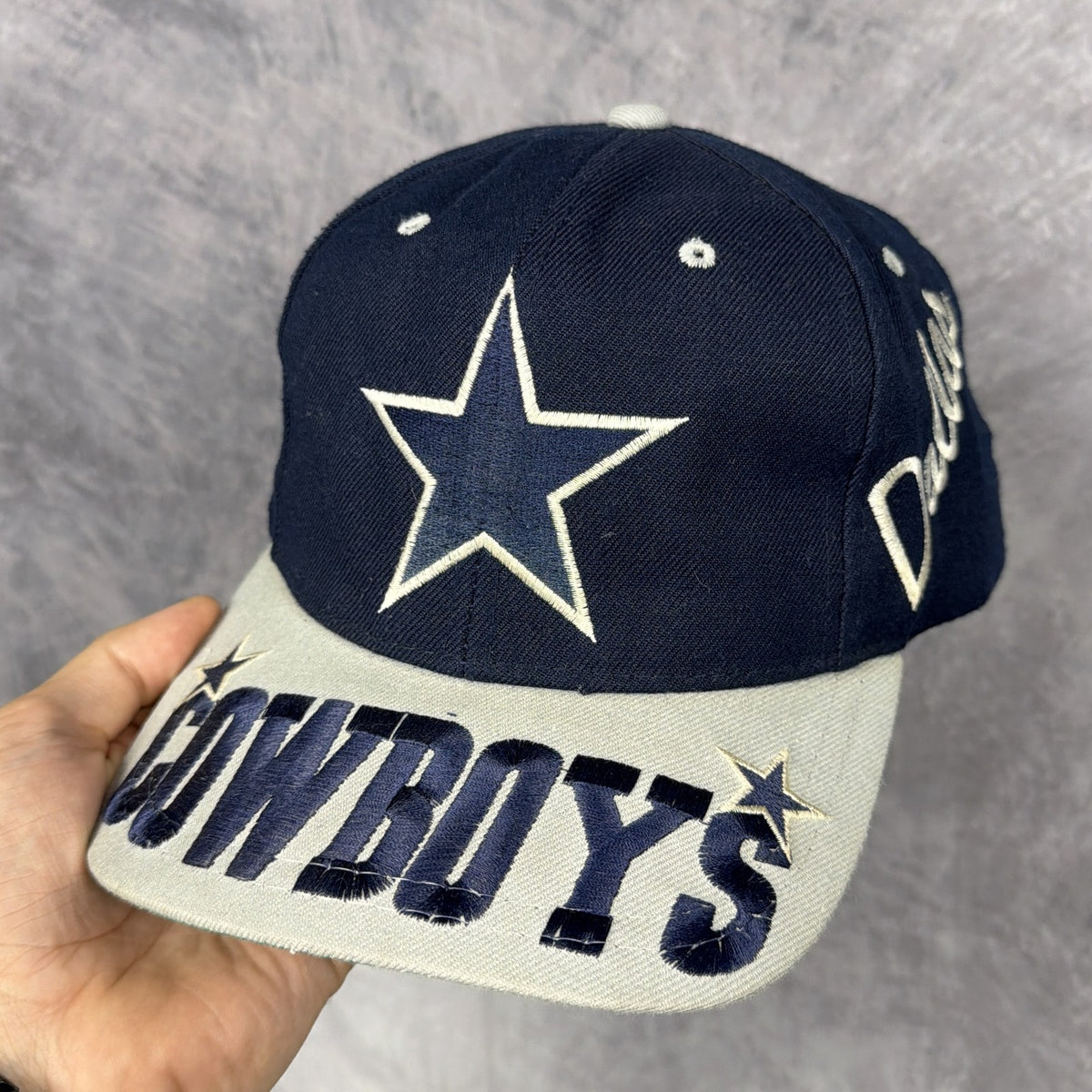 90s Navy Blue Dallas Cowboys Big Logo Brim Script Snapback Hat 6869