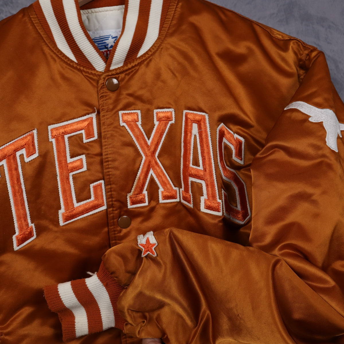 90s Burnt Orange Texas Longhorns Starter Satin Bomber Jacket 5905