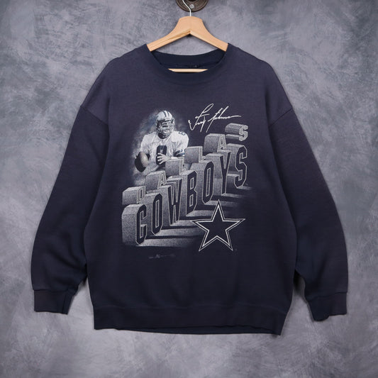 90s Navy Blue Dallas Cowboys Troy Aikman Crewneck Sweatshirt 6607