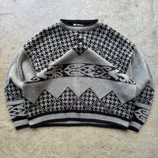 90s Black Gray Fiii Abstract Pattern Knit Sweater L 0603