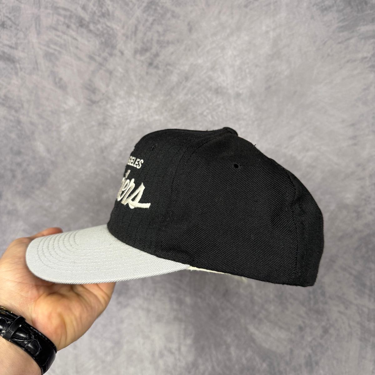 90s Black Los Angeles Raiders Sports Specialties Script Snapback Hat 6839