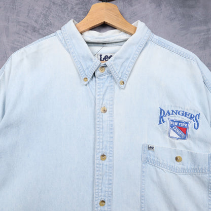 90s Light Wash New York Rangers Lee Sport Denim Button Up Shirt 5476