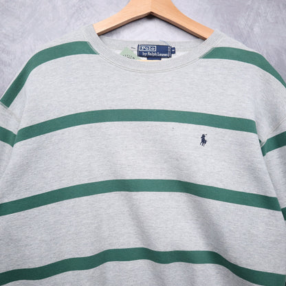 90s Grey Green Polo Ralph Lauren Striped Essential Crewneck Sweatshirt 4719