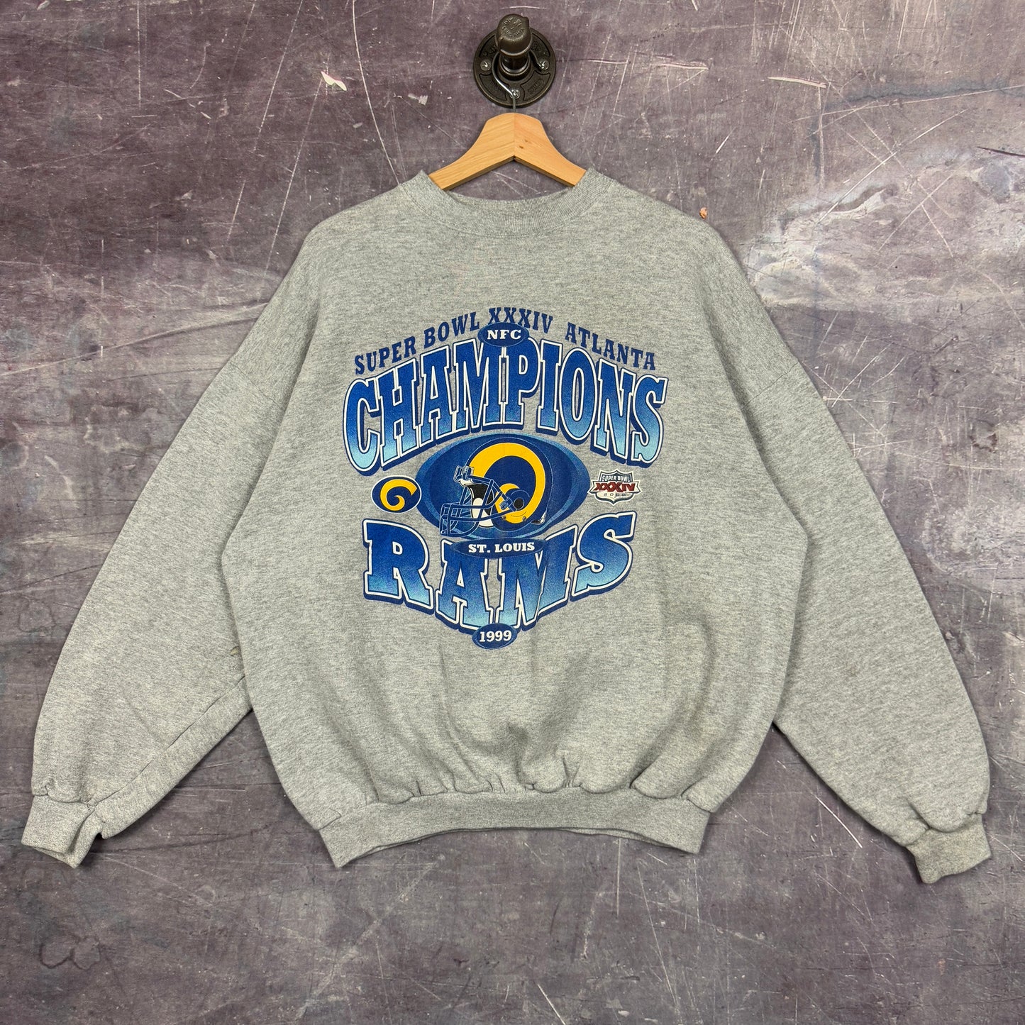 1999 Light Gray St. Louis Rams Super Bowl XXXIV Champions Graphic Crewneck Sweatshirt L 1187