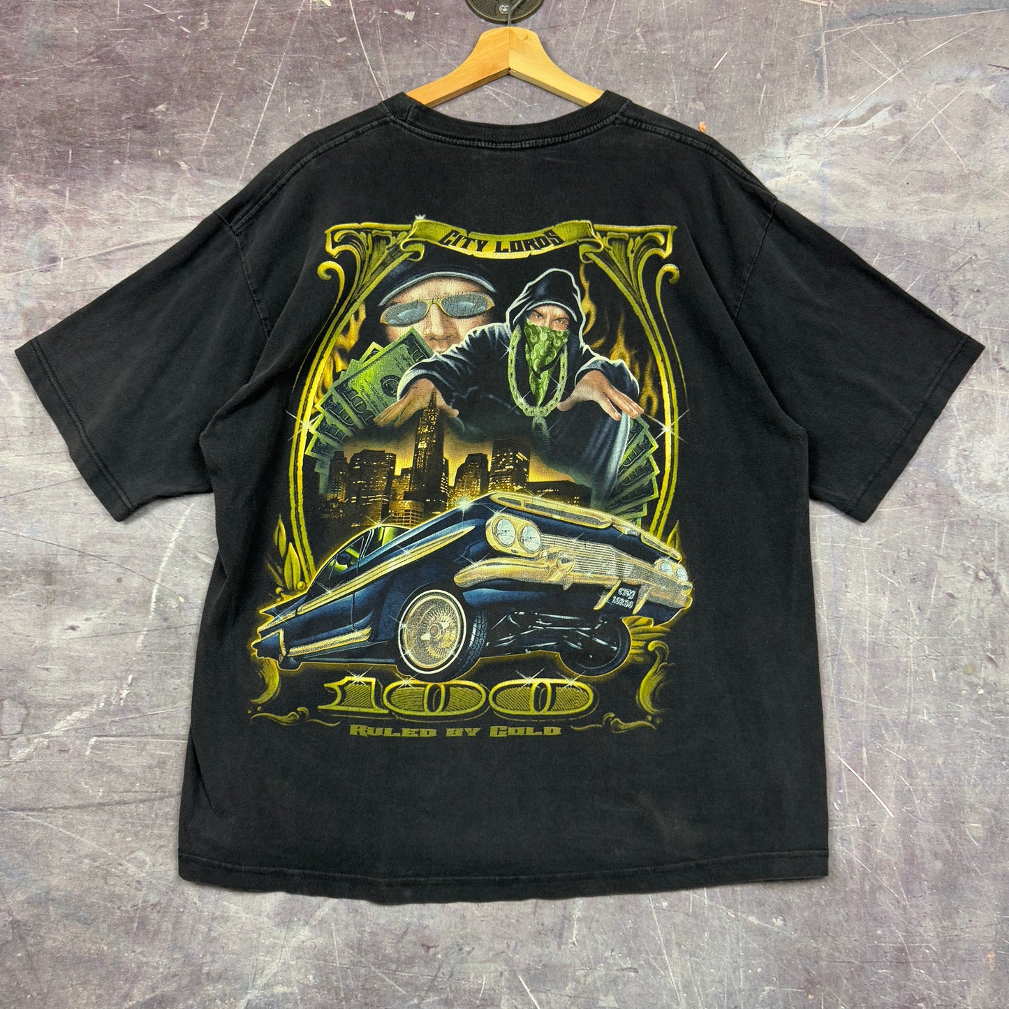 Early 00s Black Lowrider City Lords Ruled By Gold Graphic Shirt XL 0924