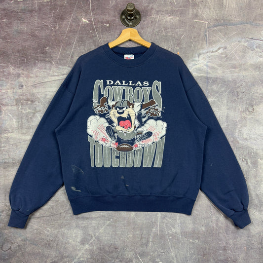 1990 Navy Blue Taz Cartoon Dallas Cowbous Football Graphic Crewneck Sweatshirt L 1255