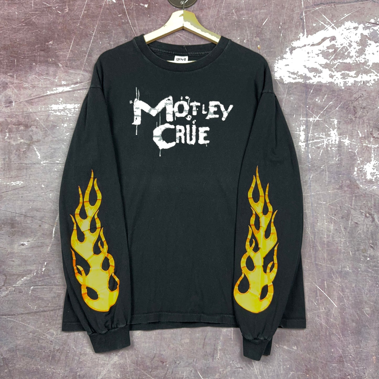 90s Black Motley Crue Flame Sleeve Spellout Graphic Shirt L 2895