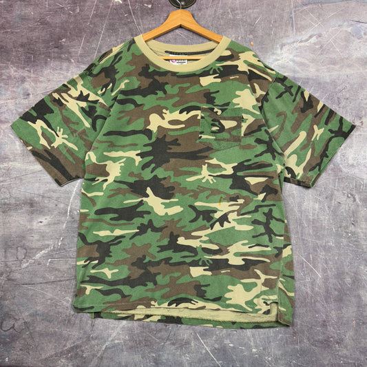 90s Woodland Camo Blank Essential Pocket Shirt L 1056