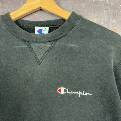 90s Faded Black Champion Essential Logo Spellout Crewneck Sweatshirt M 1279