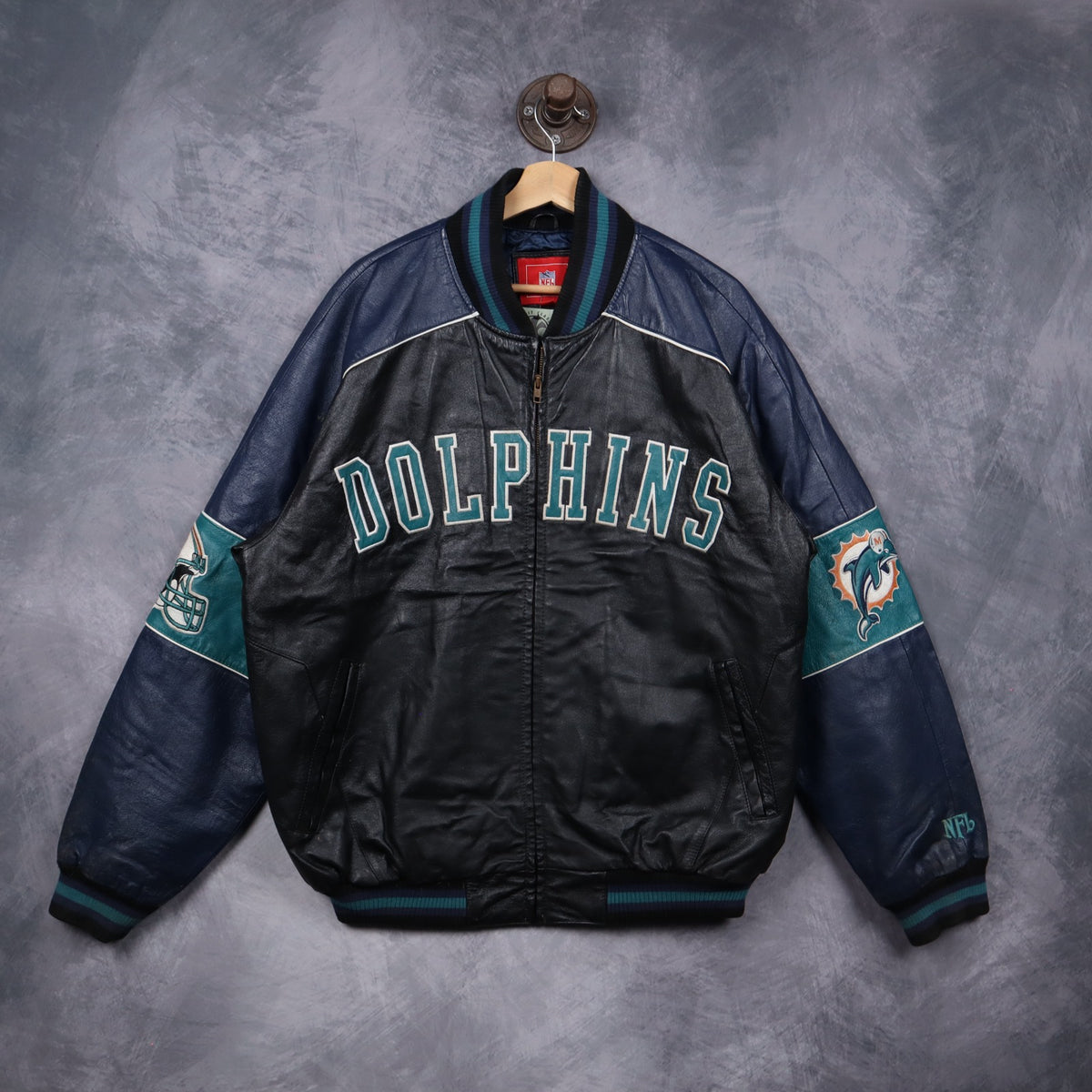 90s Black Miami Dolphins Leather Varsity Jacket 6519