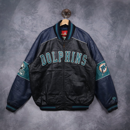 90s Black Miami Dolphins Leather Varsity Jacket 6519