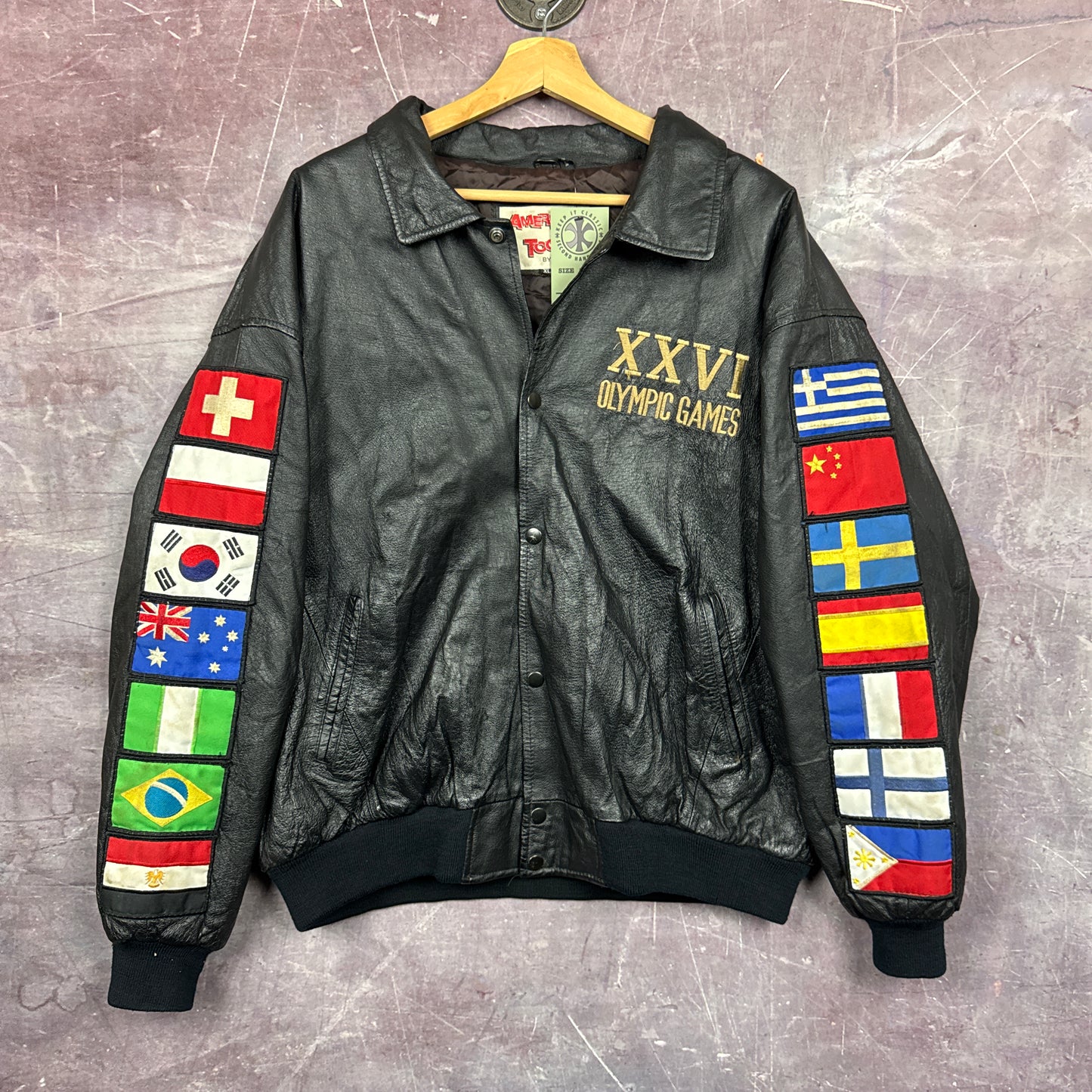 1996 Black Atlanta Olympics Flag Leather Jacket 3470