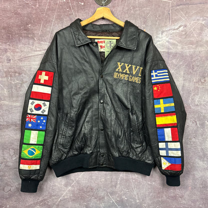 1996 Black Atlanta Olympics Flag Leather Jacket 3470