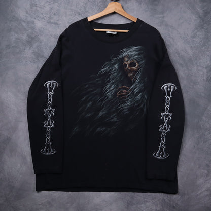 00s Black Reaper Skull Graphic Long Sleeve Shirt 5434