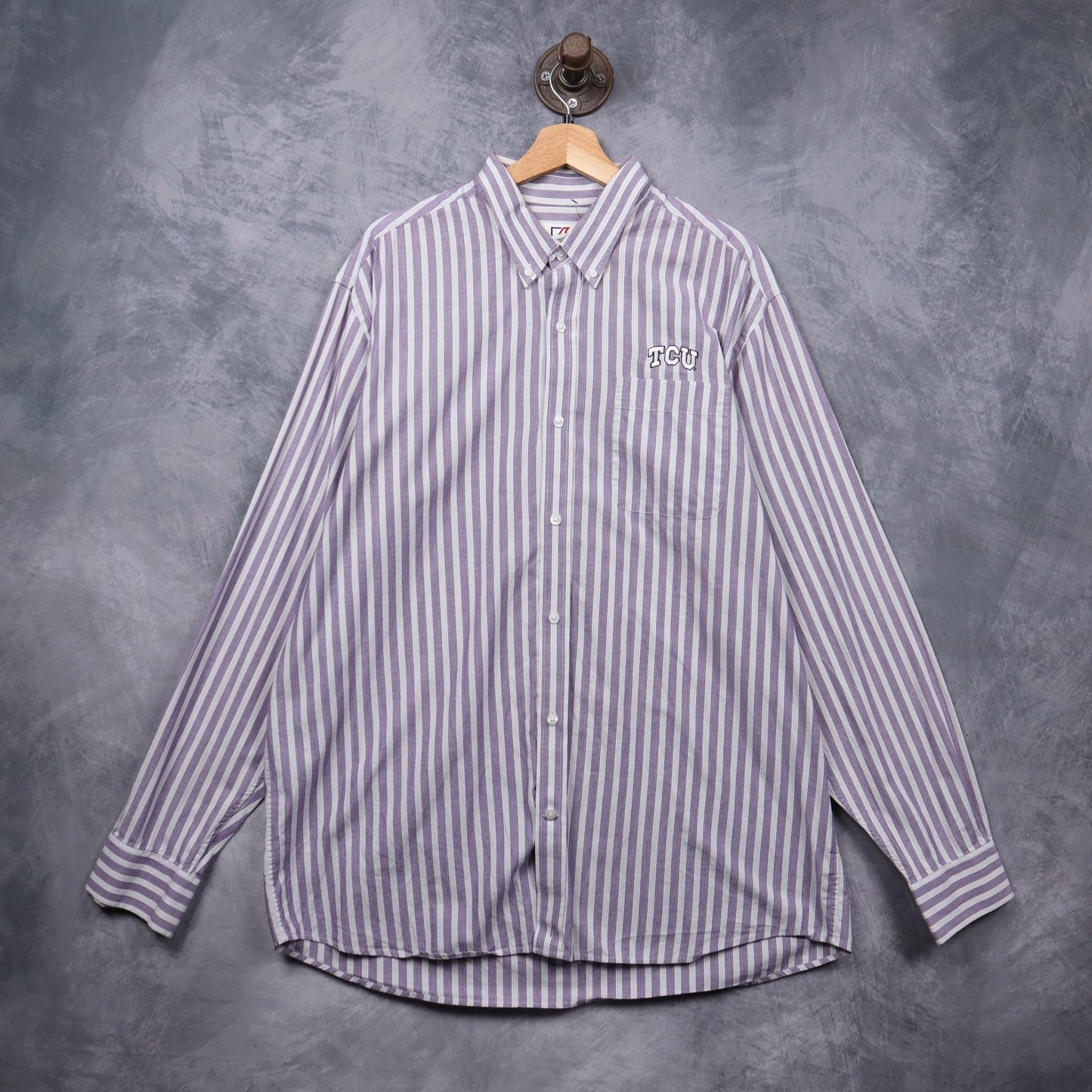 Early 00s Purple Striped TCU Long Sleeve Button Up Shirt 5605