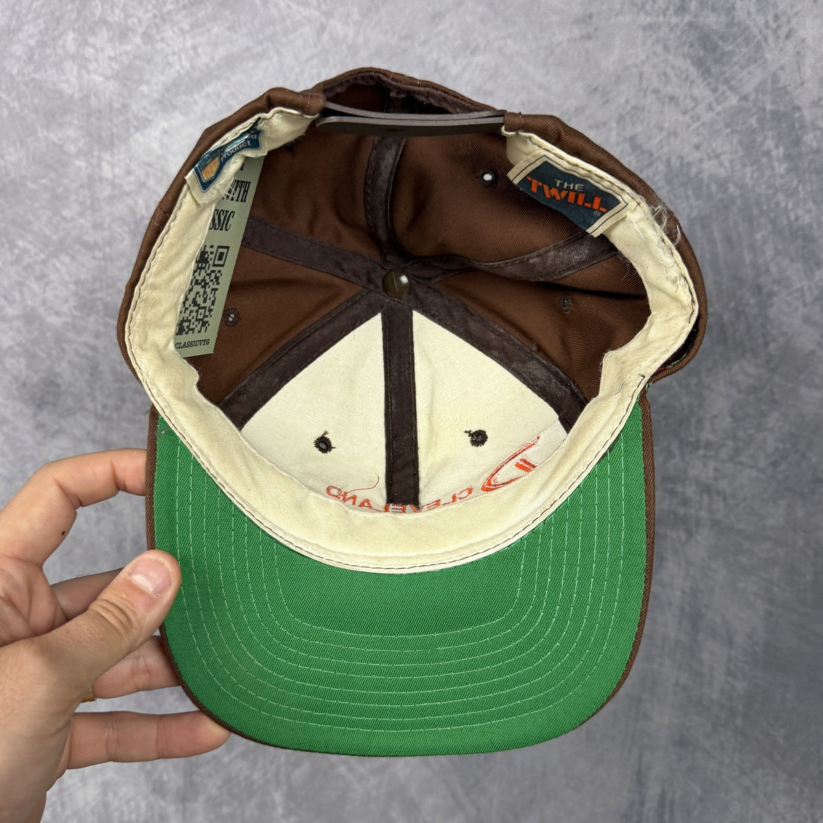 90s Brown Cleveland Browns Sports Specialties Double Line Script Snapback Hat 6838