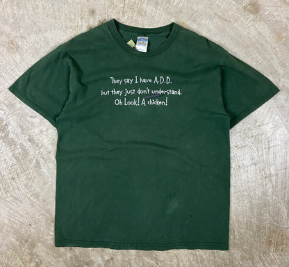 Early 00s Green Humor ADD Look A Chicken Text Graphic Shirt L BE53