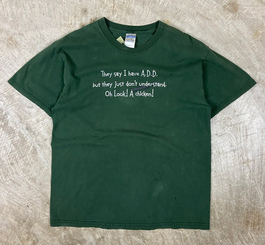 Early 00s Green Humor ADD Look A Chicken Text Graphic Shirt L BE53