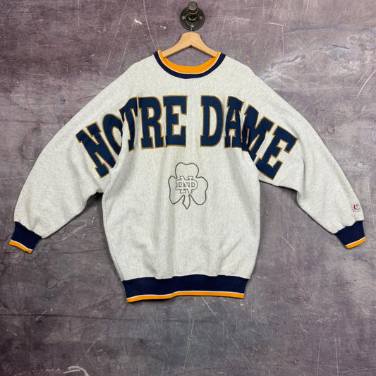 90s Gray Notre Dame Embroidered Big Graphic Spellout Legends Crewneck Sweatshirt L 1292