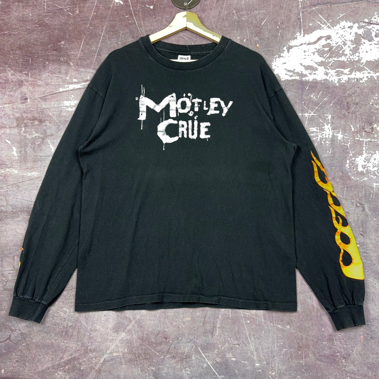 90s Black Motley Crue Flame Sleeve Spellout Graphic Shirt L 2895