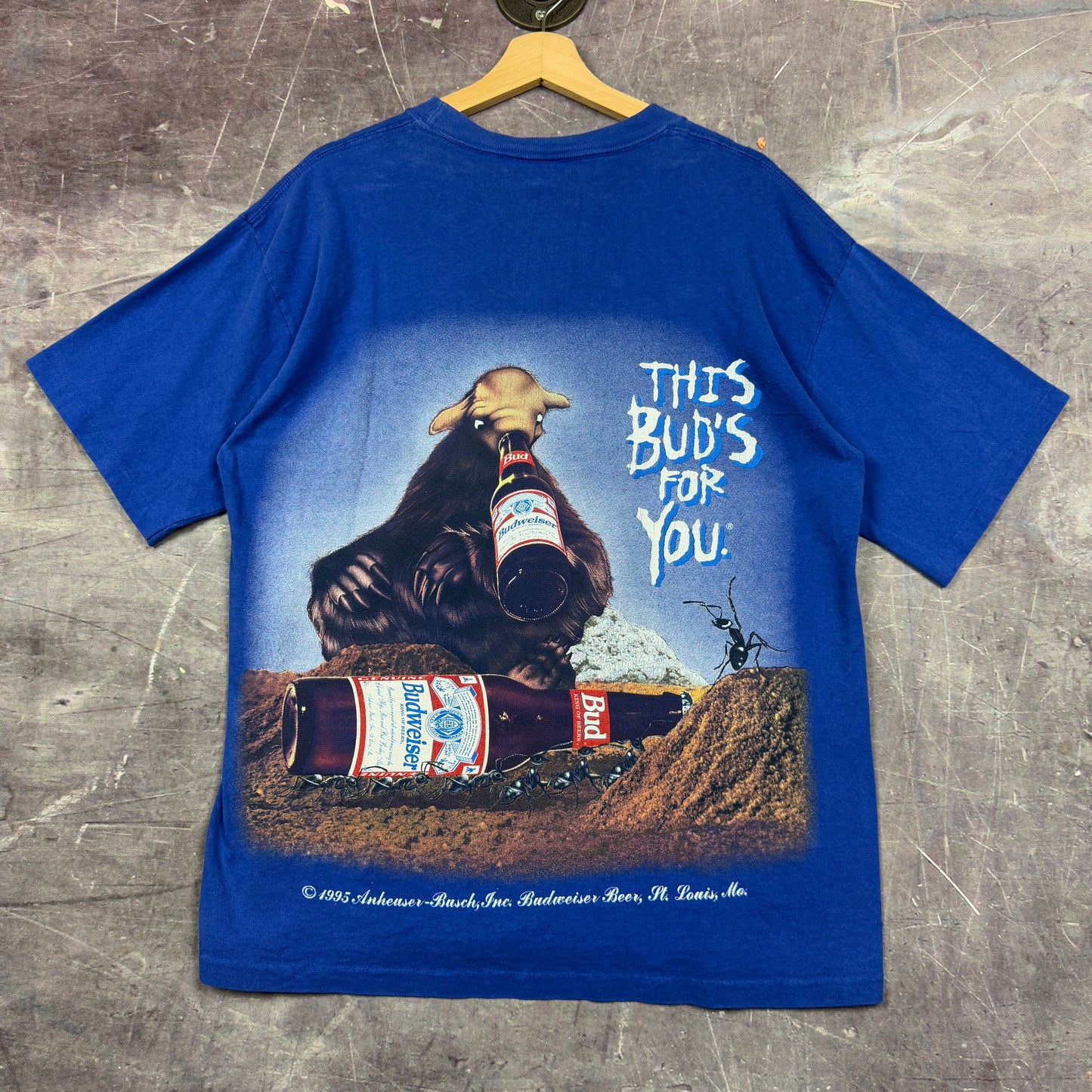 1995 Blue Budweiser King Of Beers This Bud's For You Sloth Graphic Shirt L 0979