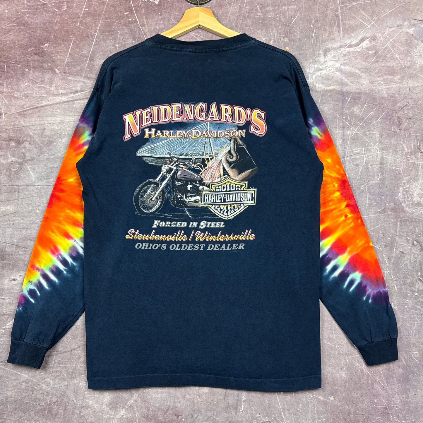 90s Navy Blue Harley Davidson Tie-Dye Sleeve Shirt 3052