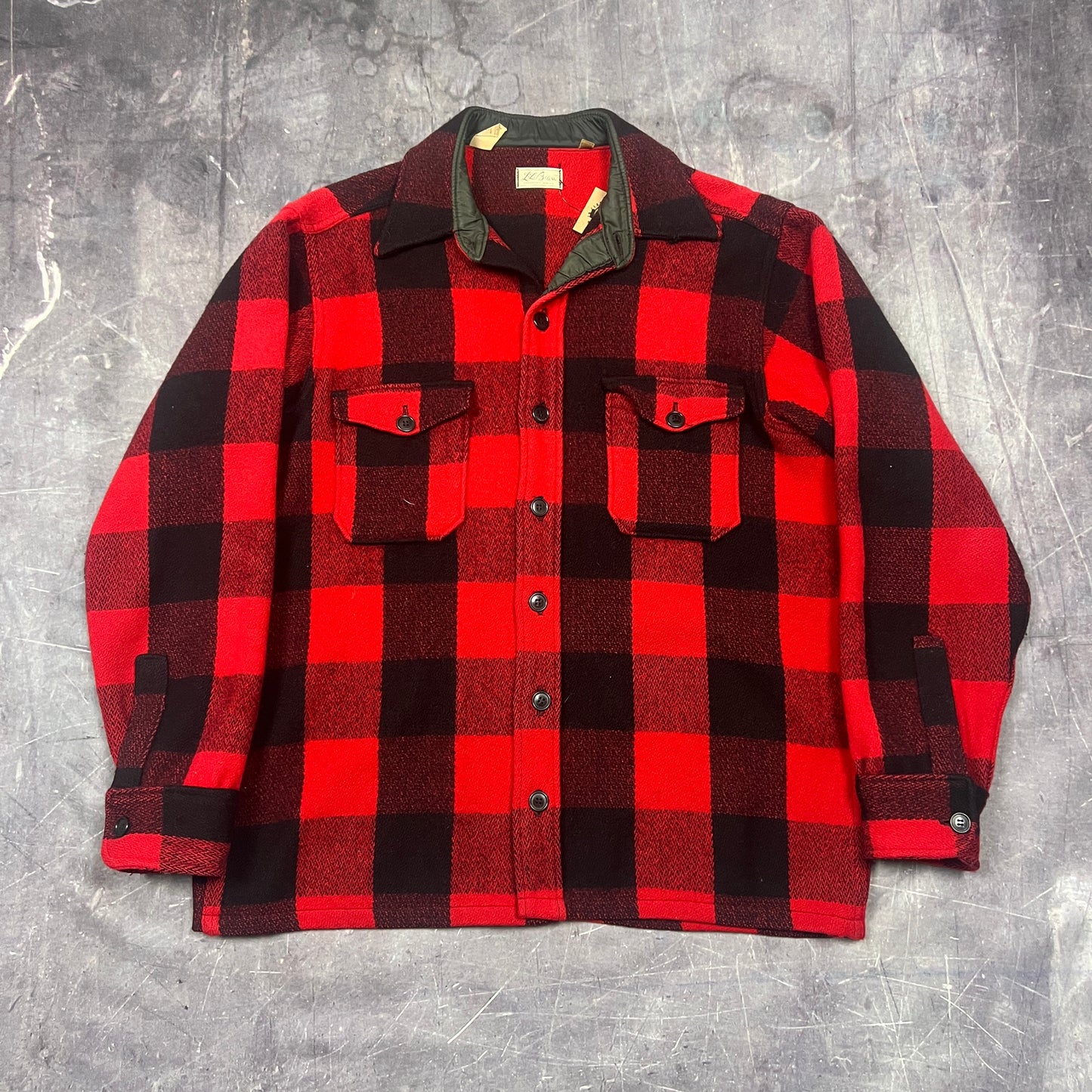 50s 60s Red Black LL Bean Script Tag Wool Heavy Flannel XL D61