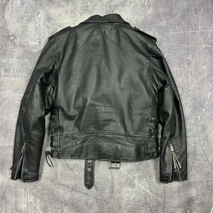 90s Black Unik Motorcyle Lined Rockabily Style Leasther Jacket M C23