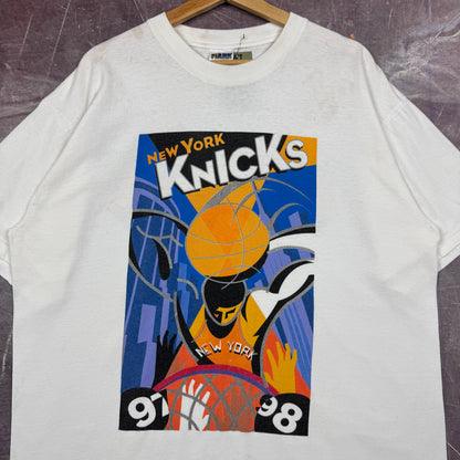 1997 White New York Knicks Abstract Dunking Graphic Shirt XL 2972