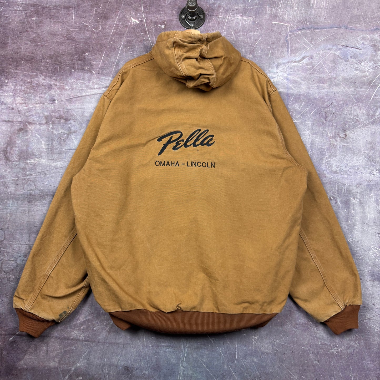 90s Tan Brown Carhartt Pella Embroidered Hooded Active Work Jacket XXL 2360