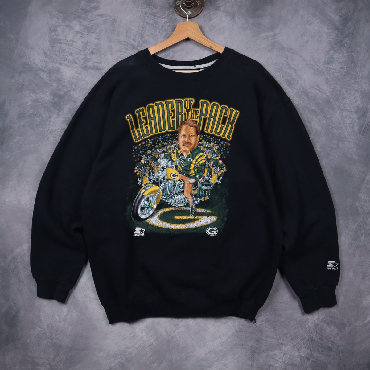 90s Black Green Bay Packers Leader Of The Pack Starter Crewneck Sweatshirt 6489
