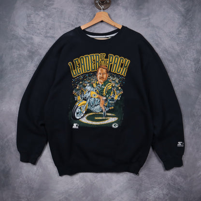 90s Black Green Bay Packers Leader Of The Pack Starter Crewneck Sweatshirt 6489