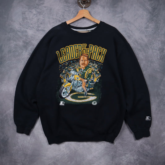 90s Black Green Bay Packers Leader Of The Pack Starter Crewneck Sweatshirt 6489