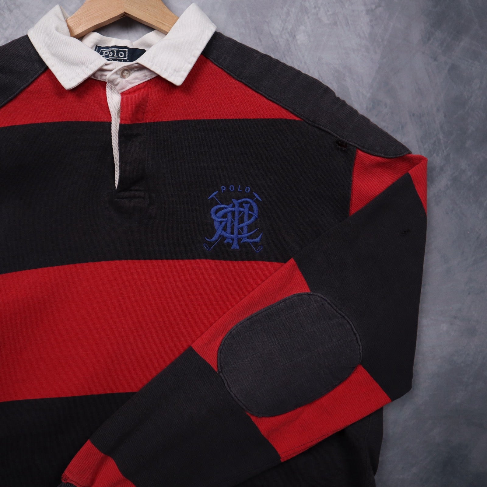 90s Red and Black Polo Ralph Lauren Striped Rugby Shirt 4696