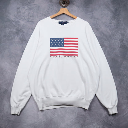 90s White Polo Sport Ralph Lauren Flag Sweatshirt 4868