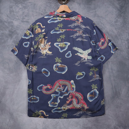 00s Navy RRL Ralph Lauren Dragon Tiger Camp Shirt 4867